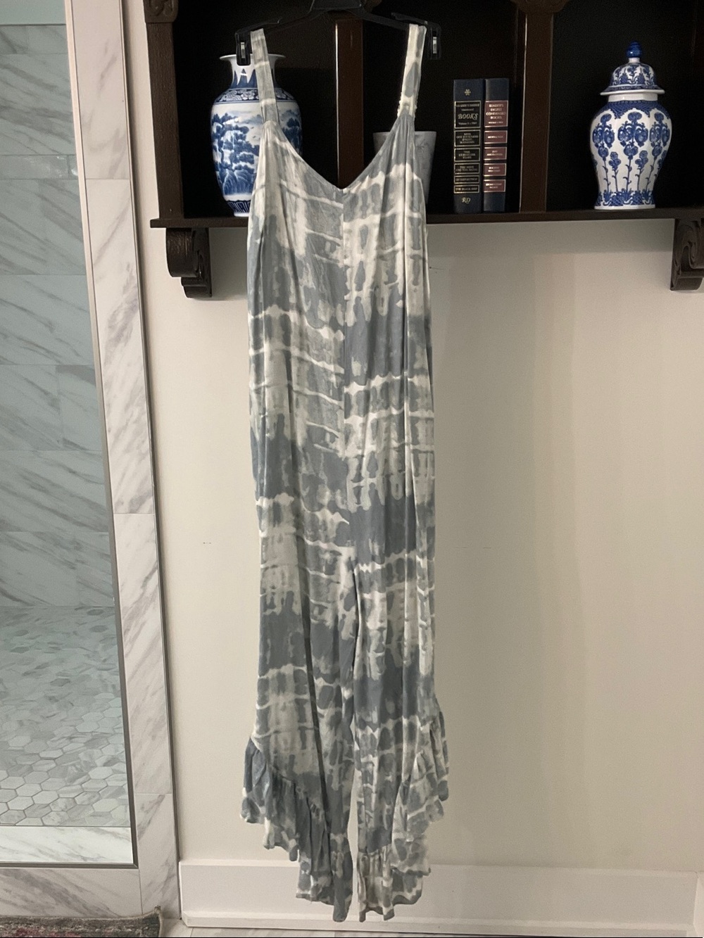 Japna Blue and White Tie-Dye Jumpsuit Romper with Ruffle Hem
